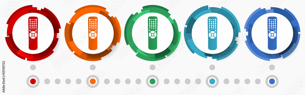 Poster TV remote concept vector icon set,  modern design abstract web buttons in 5 color options, infographic template for webdesign and mobile apps