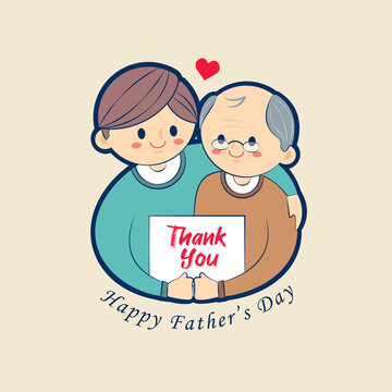 Cartoon son holding father isolated on beige background. Young man with his father. Fatherhood concept art. Father's day flat design for greeting card, gift tag, graphic print, etc.