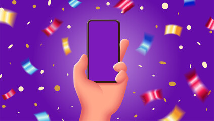 Cartoon 3d hand hold phone on purple background with confetti. Concept win or congratulation with mobile in hand vector illustration