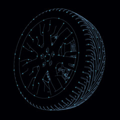 Car wheel frame with glowing lights from blue lines isolated on white background. 3D. Vector illustration.