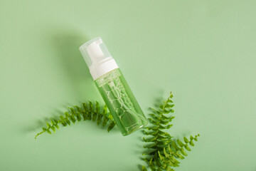 cosmetics bottles and fresh leaves of fern on green background. Organic cosmetics. Cosmetics, SPA...