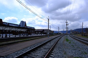 Fototapeta na wymiar Baikal Railway Station, which is located right on the shore of Lake Baikal, Irkutsk region, Russia