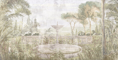 Graphic illustration of a Toscana garden. Design for interior project, wallpaper, photo wallpaper, mural, poster, home decor, card, packing!	
