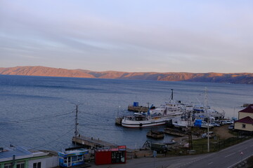 Fototapeta premium Sunrise over Lake Baikal, Listvyanka, Irkutsk region, Russia