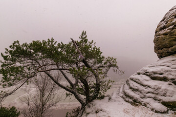 snowy landscape of the Elbsandsteingebirge with bastion bridge (Saxon Switzerland, Germany)