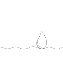 Water or blood drop line art. Eco concept idea in one line style. Outline raindrop on white background with liquid waves. Vector card illustrations for environment poster.
