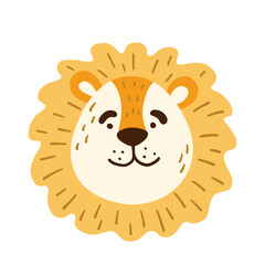 Сute lion funny animal face, head. Сartoon isolated muzzle. Vector illustration for print on children's clothing, greeting cards, nursery, stickers, stationery, room decor