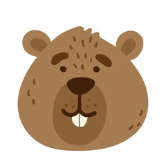Сute beaver funny animal face, head. Сartoon isolated muzzle. Vector illustration for print on children's clothing, greeting cards, nursery, stickers, stationery, room decor