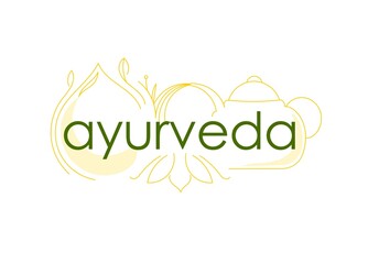 logo of Indian medicine, ayurveda, with the image of a teapot, drops of oil, herbs and lotus