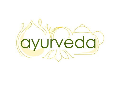 logo of Indian medicine, ayurveda, with the image of a teapot, drops of oil, herbs and lotus