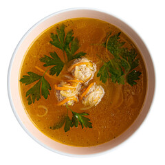Isolated portion of soup with chicken meat balls on white background