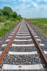 Fototapeta premium Railway for trains in beautiful farm landscape with rapeseed yellow field and poppy red flowers with wind turbines to produce green energy in summer, at sunny day and blue sky.