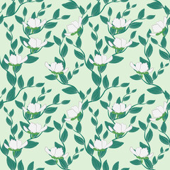 Seamless pattern of abstract blooming flowers. Seamless pattern with flowers on light green background. floral illustration for textile, print, wallpapers, wrapping.