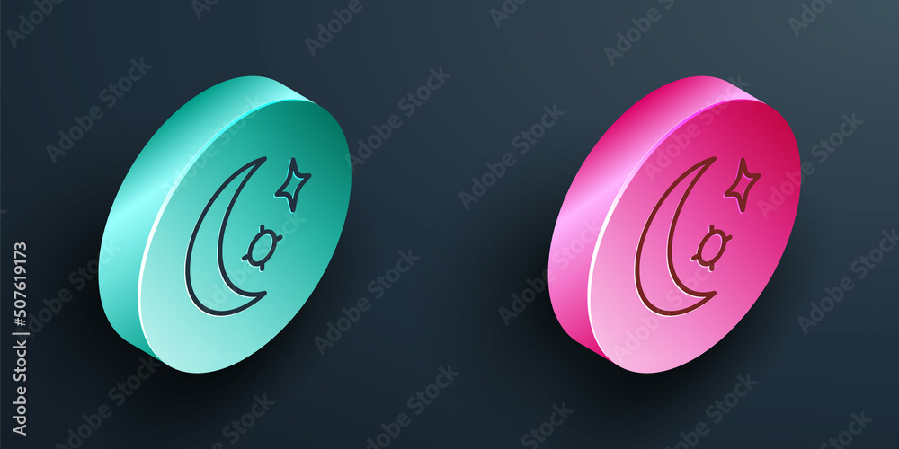 Wall mural Isometric line Moon and stars icon isolated on black background. Cloudy night sign. Sleep dreams symbol. Full moon. Night or bed time sign. Turquoise and pink circle button. Vector