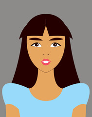 Raster graphics - portrait of a pretty young brunette woman with long black hair in blue clothes. Concept avatar