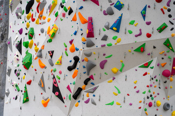 Street artificial rock climbing wall close-up view various colored grips. Colorful footholds for training. White climbing wall background