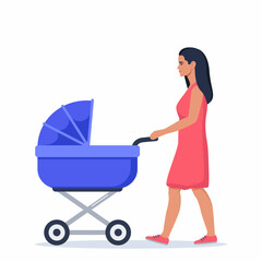 Mom wheeling stroller. Woman walking with baby carriage. Outdoor activity. Vector flat illustration.