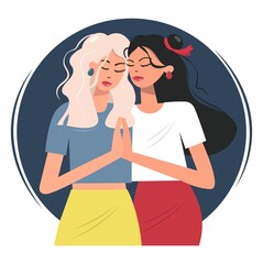 Ukrainians and Poles support each other. Girls dressed in flags of Ukraine and Poland support and help. Poles help Ukrainian refugees. Woman support. No war, peace of Ukraine. Vector flat design.