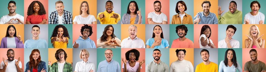 Fototapeta na wymiar Multiethnic Males And Females With Happy Faces Posing On Pastel Coloured Backgrounds
