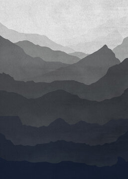 A Scandinavian style art print of distant mountains and landscape