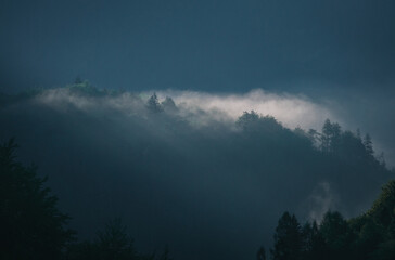 Nebel im Gebirge erleuchtet duch sonnenaufgang - obrazy, fototapety, plakaty