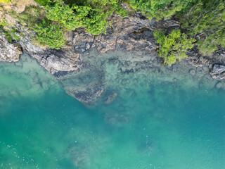 Downward aerial view of beach and crystal clear water in Coffs Harbour