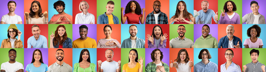 Fototapeta na wymiar Diverse Multicultural Females And Males With Happy Faces Posing On Bright Backgrounds