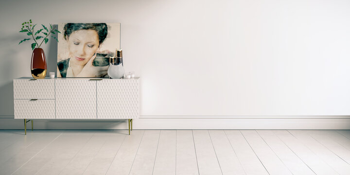 Modern  Dresser With Deco & Wall Mock Up -  Background with Copy Space (3D Visualization)