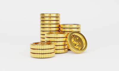 Isolated of US dollar coins stacking on white background , 3d render illustration technical concept.