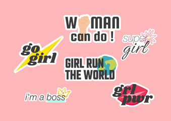 Collection of trendy feminism stickers with inspiration quotes. Girl power. Vector illustration