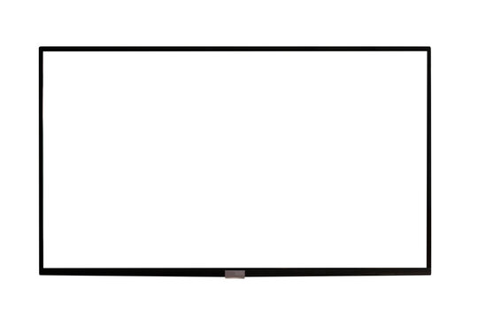 Black led tv television screen mockup with blank empty plasma screen display isolated on white wall background