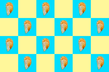 Flat Lay wallpaper background image of coastal seashells on a checkered background