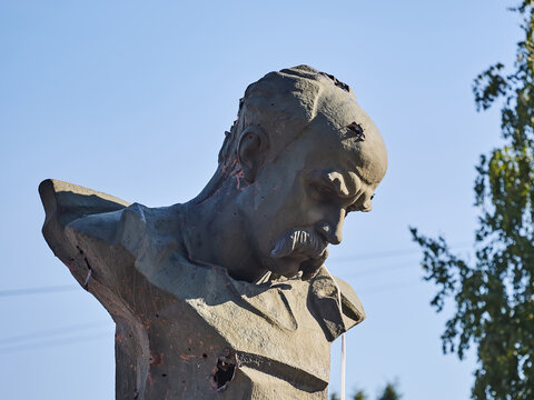Borodianka, Kyiv region, Ukraine. The monument to Shevchenko was shot by the russian occupiers.