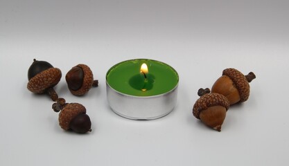 wonderful bright green candle and oak acorns. Autumn acorn decoration