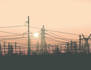 Power lines. Electricity pylons. Electricity. Electric Power Industry. Vector illustration of industrial landscape, with high voltage towers and huge clear sky and sun in the background. Panorama