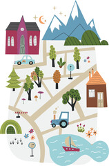 Cute town map for kid's room. Hand drawn vector illustration of a city or village with roads, streets and cars. Nursery concept for bedding, poster.