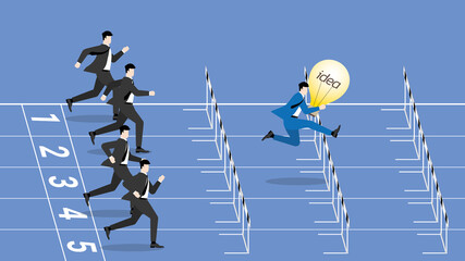 Business idea competition, contest,  rivalry, compare performance concept. A leader businessman with a light bulb and opponents are compete run on a race track and jump overcome obstacles for victory.