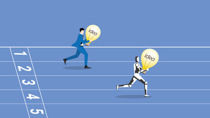 Business idea competition, contest,  rivalry with cyber technology concept. A leader robot and a businessman with a light bulb are competing for victory. Human versus cyborg run on a racetrack. 