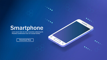 The smartphone is lying on a smooth dark blue surface or a table in perspective. Realistic vector illustration of an isometric smartphone. The layout or template of a shiny mobile phone. Vector