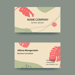 Business card design in soft pastel colors. Modern concept with liquid, drops, brush, flowers, leaves, lines. Monstera branches. Vector
