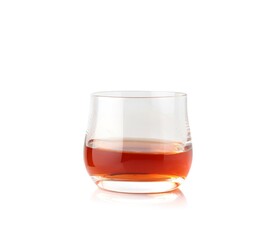 Scotch whiskey in elegant glass on white background