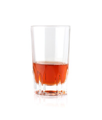 Scotch whiskey in elegant glass on white background