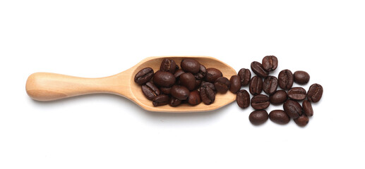 Coffee beans in Wooden scoop isolated on white background, Top view