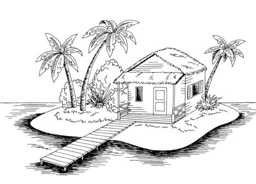 Island house beach graphic black white isolated landscape sketch illustration vector