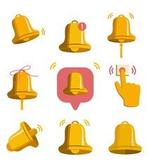 Large set of signal bells. Notification bell icon. Call with new alarm and smartphone app notification or new message. School bell, alarm sign, red button. Vector collection for website, logo, app, ui