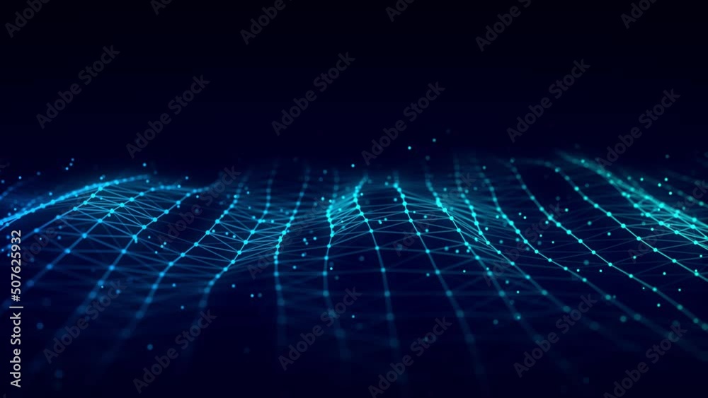 Poster Wave of particles and lines. Big data visualization. Abstract background with a dynamic wave. 3d rendering.