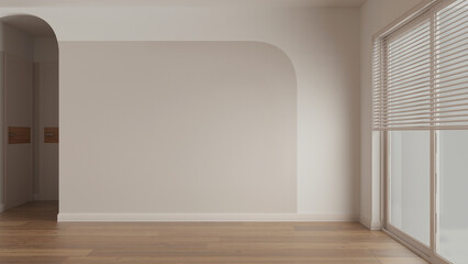 Empty room interior design, wooden open space with oak parquet floor, arched walls with decors, doors, window with venetian blinds, modern architecture concept idea