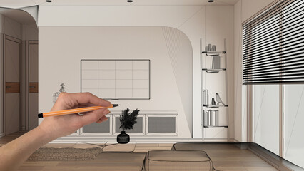 Empty white interior with parquet floor, hand drawing custom architecture design, black ink sketch, blueprint showing modern living room with soda and commode, background concept idea