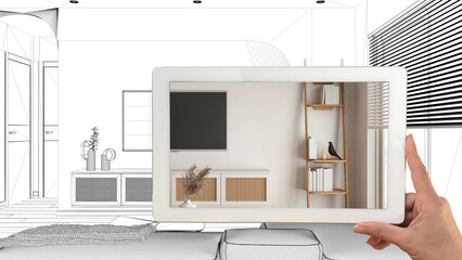 Augmented reality concept. Hand holding tablet with AR application used to simulate furniture products in custom architecture design, black ink sketch, modern living room project