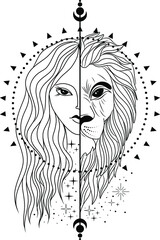 Mystical lion. Lion silhouette. Vector outline illustration.